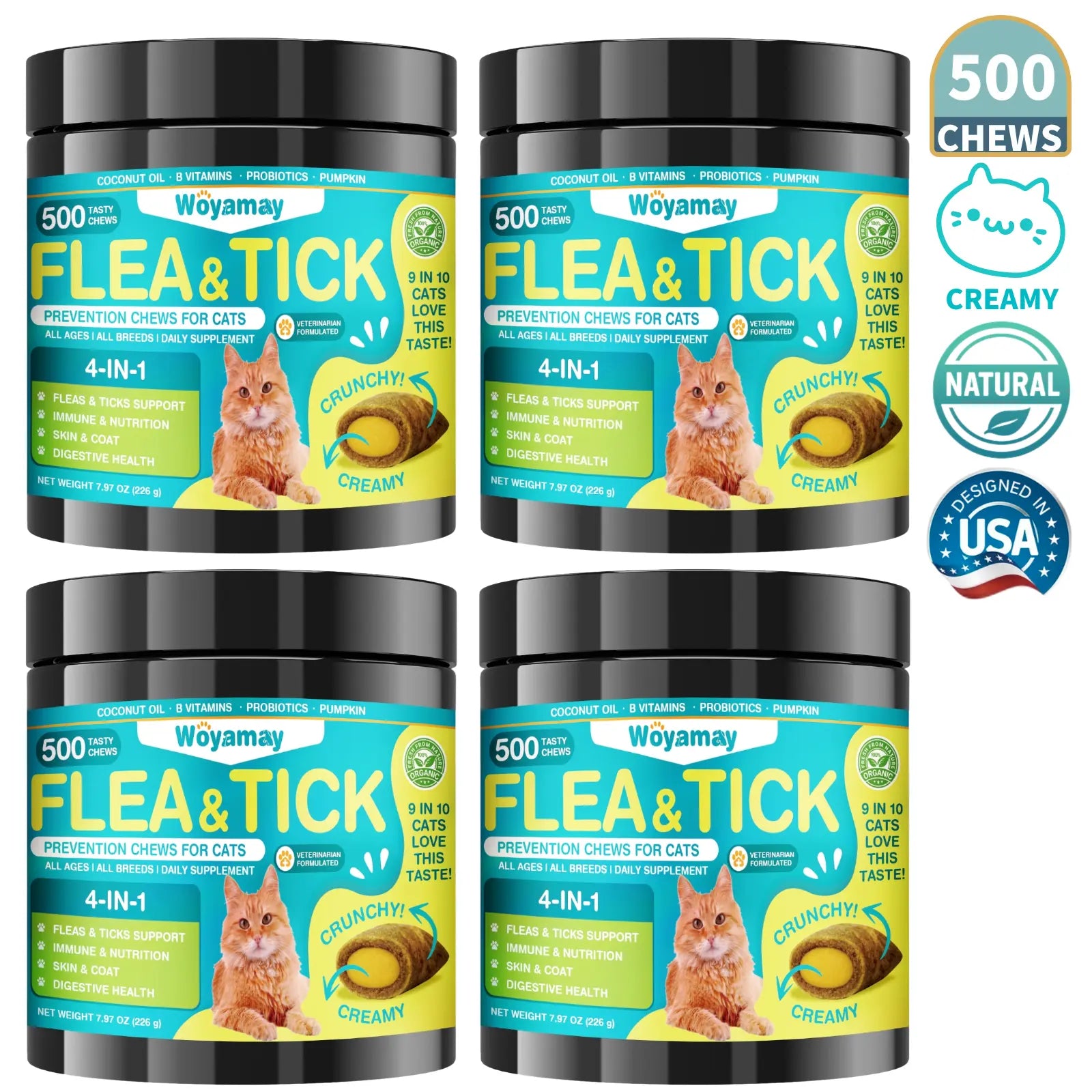 Woyamay Flea & Tick Protection for Cats, 4-IN-1 Cat Chewables Support Immune, Skin & Coat, Digestion & Gut Health with Omega-3, Multivitamin Supplement for All Ages & Breeds-500 Chews #Summervibes #Petlovers