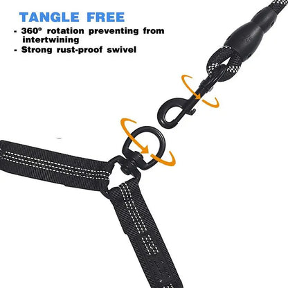 Kigifuture Nylon Rope Dual Dog Leash Set - 360-Degree Swivel Clasp No-Tangle Walking Tool with Shock-Absorb Bungee for 2 Dogs