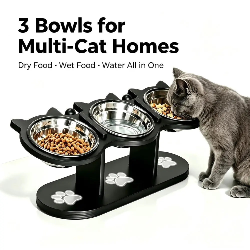Cat Bowl Set & Elevated Cat Feeder,2&3 Bowl Height Adjustable 15° Tilted Stand, Food Grade Detachable Stainless Steel Bowls for Food Water & Treats, Spill-Proof Anti-Slip Base, Neck Strain Relief, Pet Feeding Supplies for Multi-Cat Homes & Small Dogs