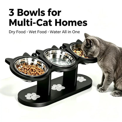 Cat Bowl Set & Elevated Cat Feeder,2&3 Bowl Height Adjustable 15° Tilted Stand, Food Grade Detachable Stainless Steel Bowls for Food Water & Treats, Spill-Proof Anti-Slip Base, Neck Strain Relief, Pet Feeding Supplies for Multi-Cat Homes & Small Dogs