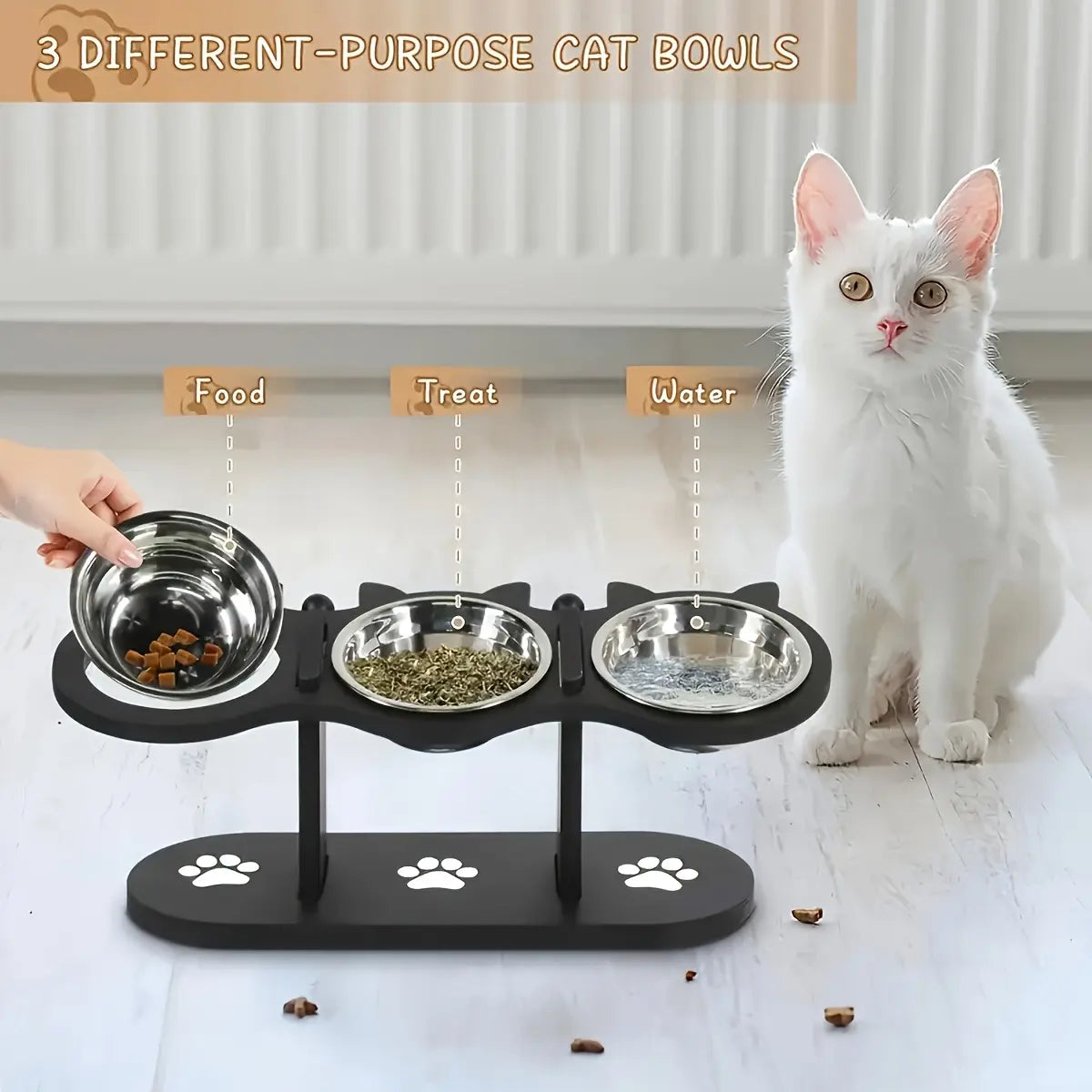 Cat Bowl Set & Elevated Cat Feeder,2&3 Bowl Height Adjustable 15° Tilted Stand, Food Grade Detachable Stainless Steel Bowls for Food Water & Treats, Spill-Proof Anti-Slip Base, Neck Strain Relief, Pet Feeding Supplies for Multi-Cat Homes & Small Dogs