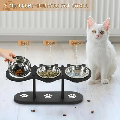 Cat Bowl Set & Elevated Cat Feeder,2&3 Bowl Height Adjustable 15° Tilted Stand, Food Grade Detachable Stainless Steel Bowls for Food Water & Treats, Spill-Proof Anti-Slip Base, Neck Strain Relief, Pet Feeding Supplies for Multi-Cat Homes & Small Dogs