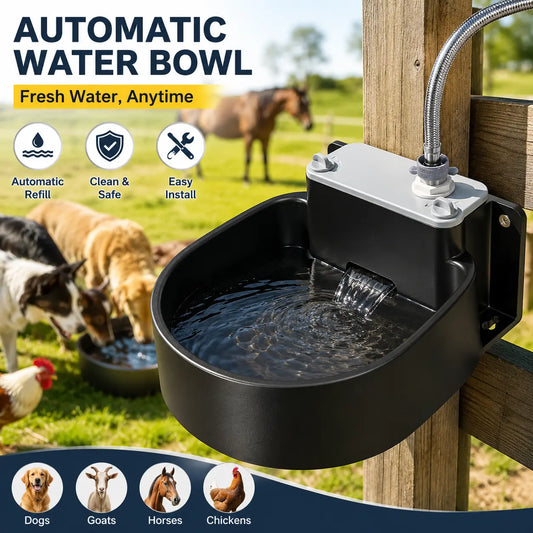 Farmparadise Automatic Animal Water Bowl - Dog Water Dispenser with Float Valve, Filter, Hose & Adapter, Outdoor Livestock Bowl for Goats, Chicken Coop Accessory