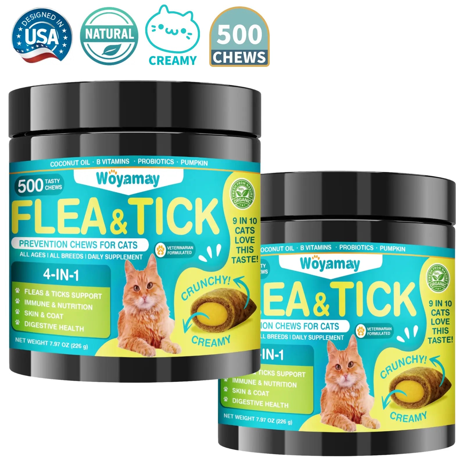 Woyamay Flea & Tick Protection for Cats, 4-IN-1 Cat Chewables Support Immune, Skin & Coat, Digestion & Gut Health with Omega-3, Multivitamin Supplement for All Ages & Breeds-500 Chews #Summervibes #Petlovers