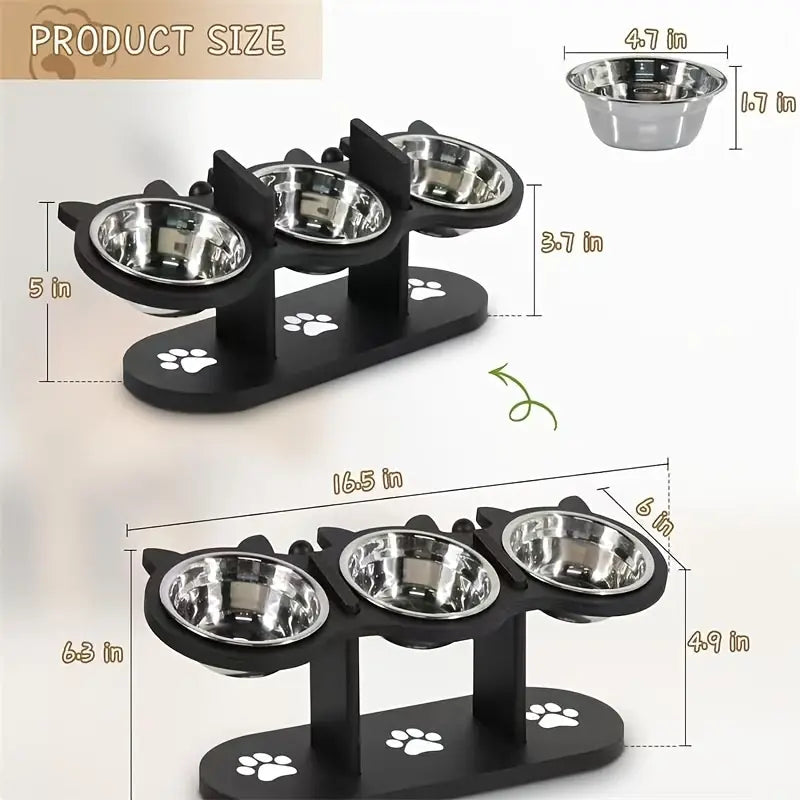 Cat Bowl Set & Elevated Cat Feeder,2&3 Bowl Height Adjustable 15° Tilted Stand, Food Grade Detachable Stainless Steel Bowls for Food Water & Treats, Spill-Proof Anti-Slip Base, Neck Strain Relief, Pet Feeding Supplies for Multi-Cat Homes & Small Dogs