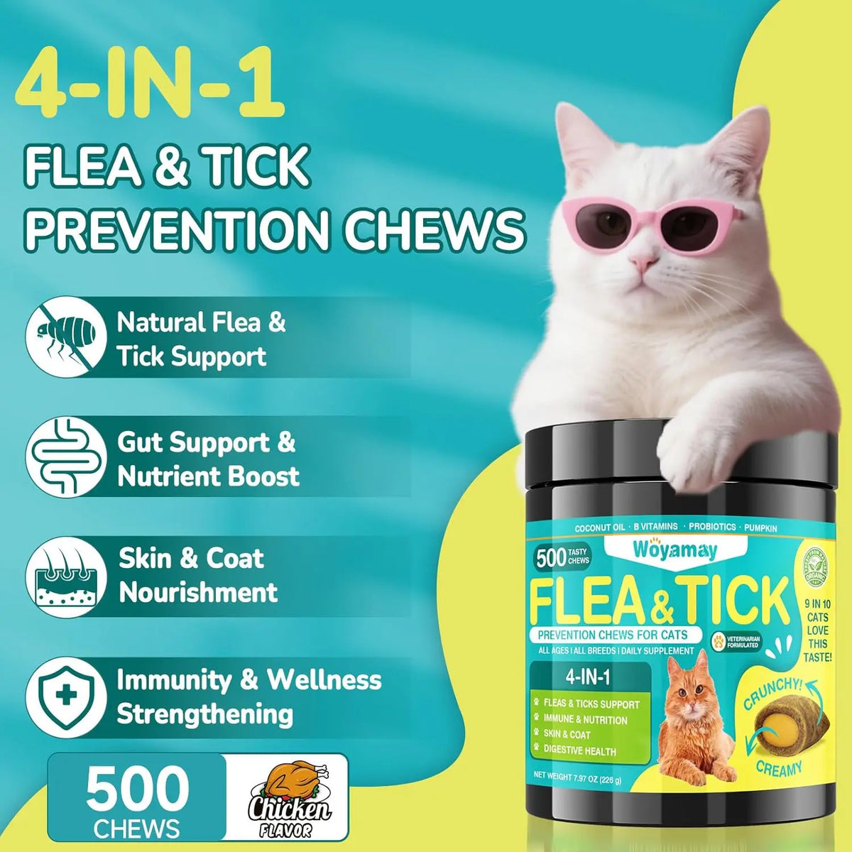 Woyamay Flea & Tick Protection for Cats, 4-IN-1 Cat Chewables Support Immune, Skin & Coat, Digestion & Gut Health with Omega-3, Multivitamin Supplement for All Ages & Breeds-500 Chews #Summervibes #Petlovers