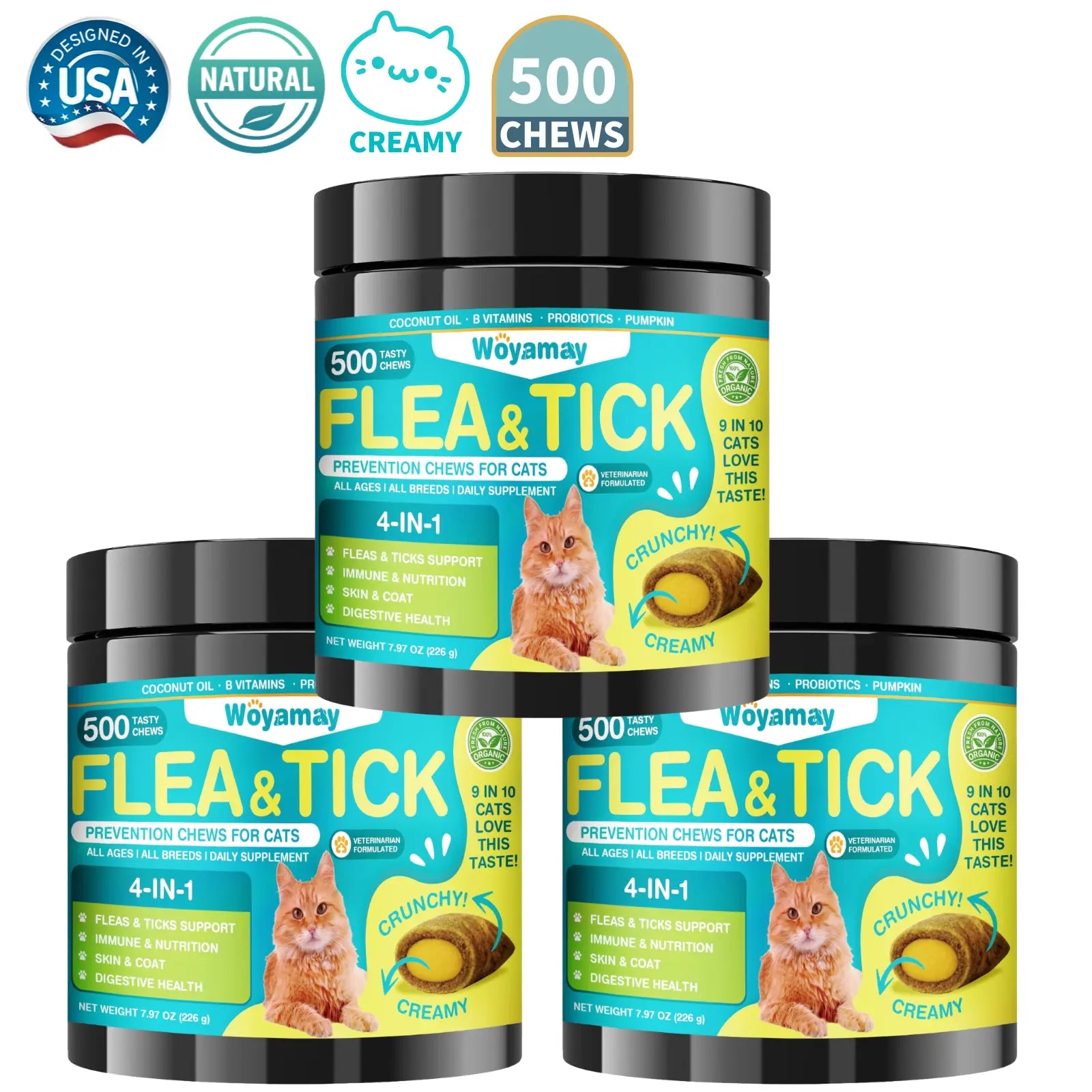Woyamay Flea & Tick Protection for Cats, 4-IN-1 Cat Chewables Support Immune, Skin & Coat, Digestion & Gut Health with Omega-3, Multivitamin Supplement for All Ages & Breeds-500 Chews #Summervibes #Petlovers