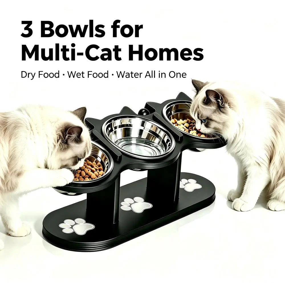 Cat Bowl Set & Elevated Cat Feeder,2&3 Bowl Height Adjustable 15° Tilted Stand, Food Grade Detachable Stainless Steel Bowls for Food Water & Treats, Spill-Proof Anti-Slip Base, Neck Strain Relief, Pet Feeding Supplies for Multi-Cat Homes & Small Dogs