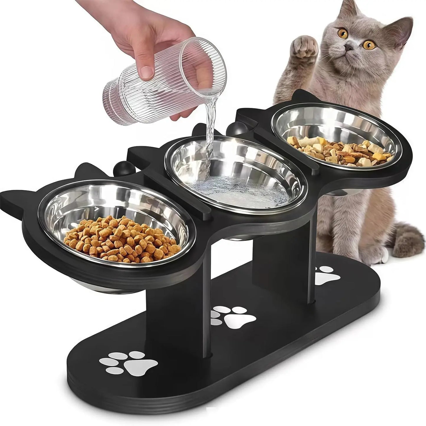 Cat Bowl Set & Elevated Cat Feeder,2&3 Bowl Height Adjustable 15° Tilted Stand, Food Grade Detachable Stainless Steel Bowls for Food Water & Treats, Spill-Proof Anti-Slip Base, Neck Strain Relief, Pet Feeding Supplies for Multi-Cat Homes & Small Dogs