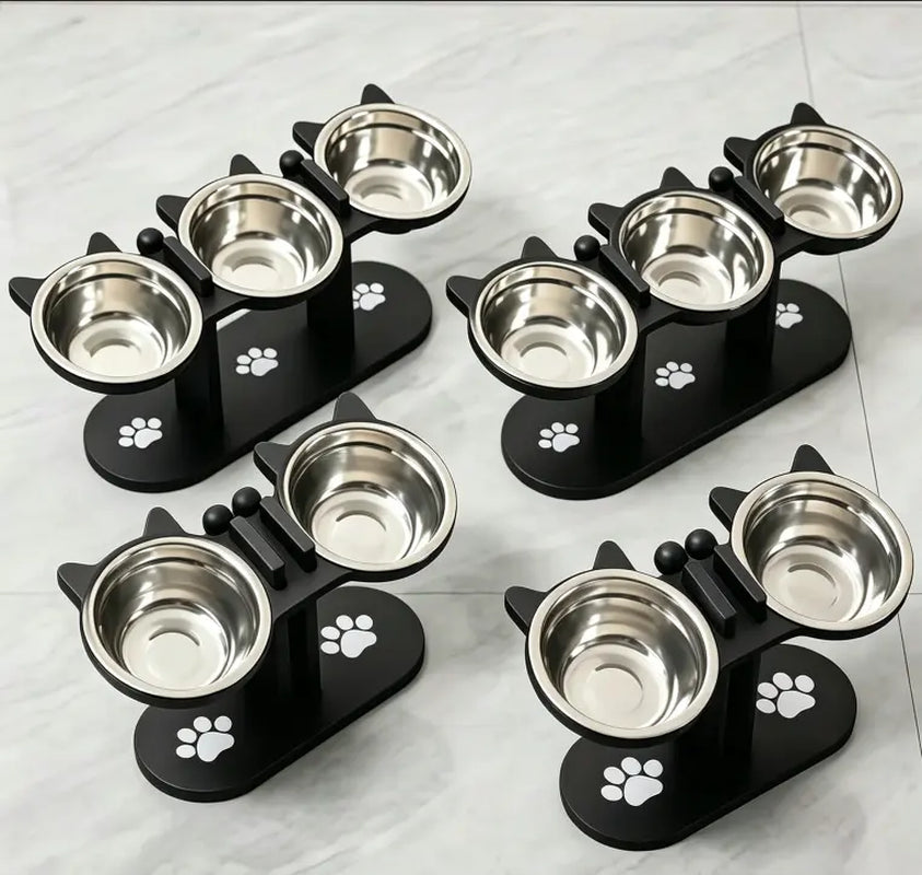 Cat Bowl Set & Elevated Cat Feeder,2&3 Bowl Height Adjustable 15° Tilted Stand, Food Grade Detachable Stainless Steel Bowls for Food Water & Treats, Spill-Proof Anti-Slip Base, Neck Strain Relief, Pet Feeding Supplies for Multi-Cat Homes & Small Dogs