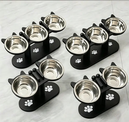 Cat Bowl Set & Elevated Cat Feeder,2&3 Bowl Height Adjustable 15° Tilted Stand, Food Grade Detachable Stainless Steel Bowls for Food Water & Treats, Spill-Proof Anti-Slip Base, Neck Strain Relief, Pet Feeding Supplies for Multi-Cat Homes & Small Dogs