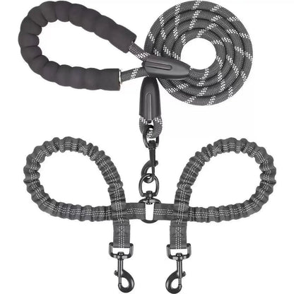 Kigifuture Nylon Rope Dual Dog Leash Set - 360-Degree Swivel Clasp No-Tangle Walking Tool with Shock-Absorb Bungee for 2 Dogs