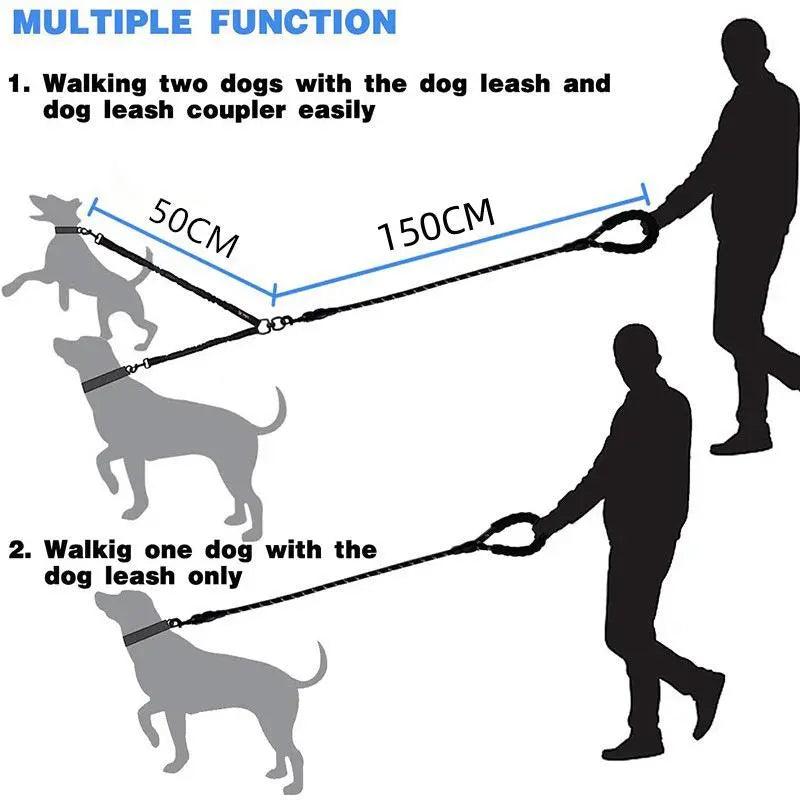 Kigifuture Nylon Rope Dual Dog Leash Set - 360-Degree Swivel Clasp No-Tangle Walking Tool with Shock-Absorb Bungee for 2 Dogs