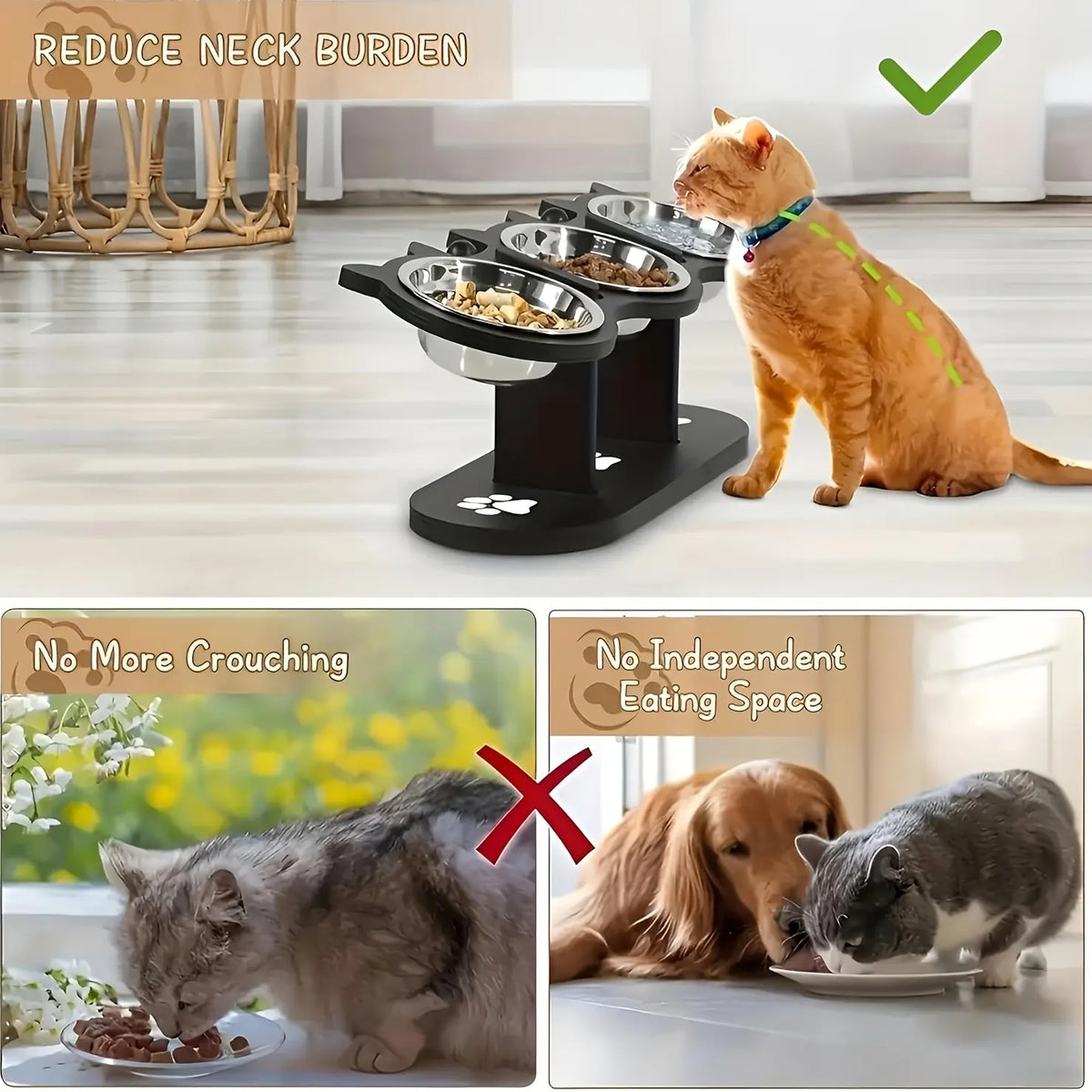 Cat Bowl Set & Elevated Cat Feeder,2&3 Bowl Height Adjustable 15° Tilted Stand, Food Grade Detachable Stainless Steel Bowls for Food Water & Treats, Spill-Proof Anti-Slip Base, Neck Strain Relief, Pet Feeding Supplies for Multi-Cat Homes & Small Dogs