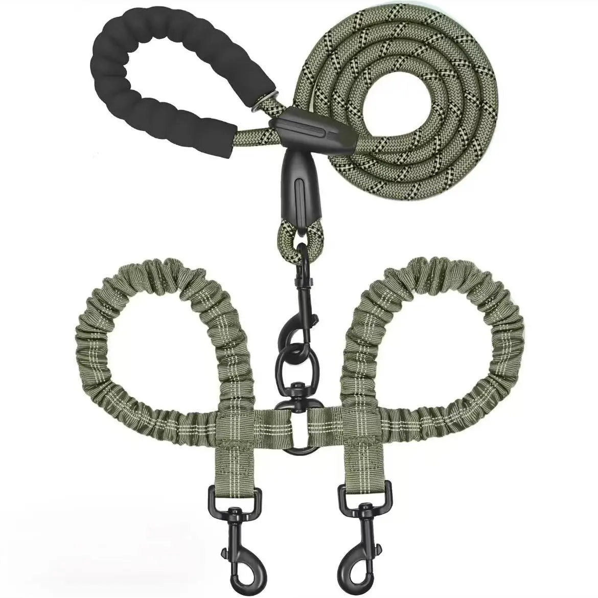 Kigifuture Nylon Rope Dual Dog Leash Set - 360-Degree Swivel Clasp No-Tangle Walking Tool with Shock-Absorb Bungee for 2 Dogs