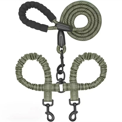 Kigifuture Nylon Rope Dual Dog Leash Set - 360-Degree Swivel Clasp No-Tangle Walking Tool with Shock-Absorb Bungee for 2 Dogs