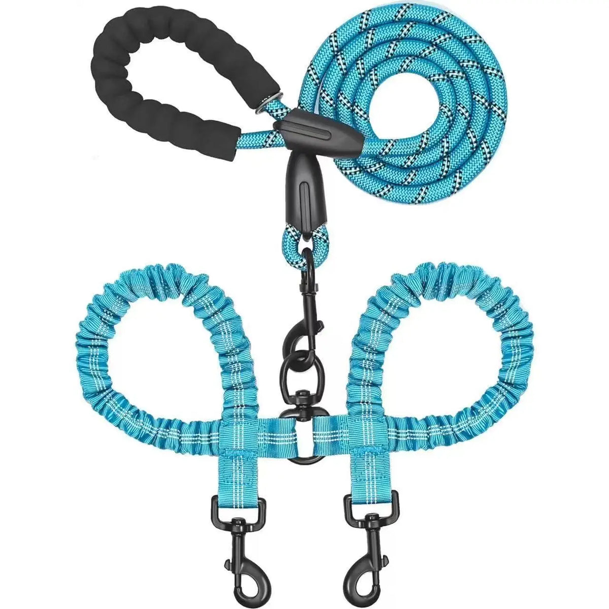 Kigifuture Nylon Rope Dual Dog Leash Set - 360-Degree Swivel Clasp No-Tangle Walking Tool with Shock-Absorb Bungee for 2 Dogs