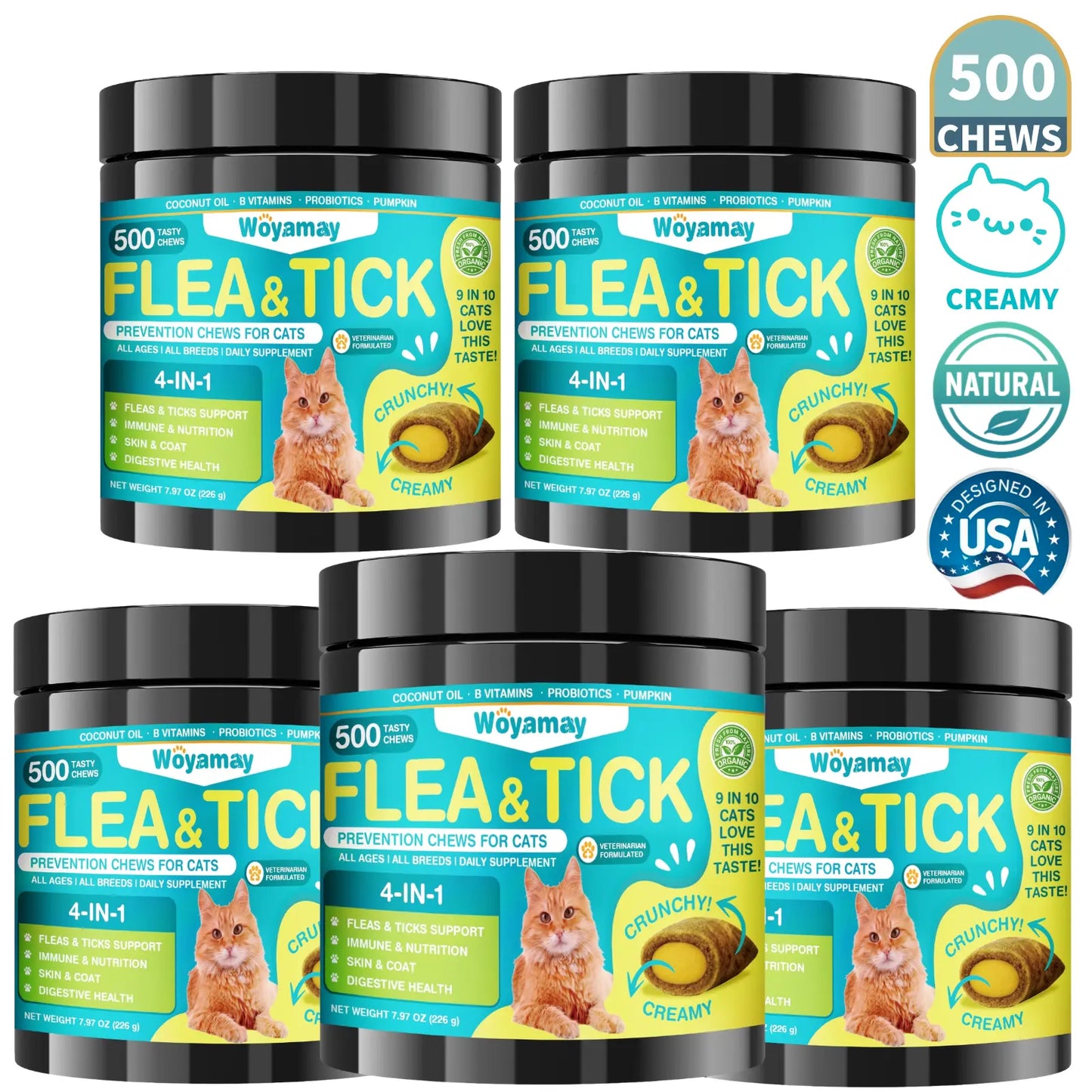 Woyamay Flea & Tick Protection for Cats, 4-IN-1 Cat Chewables Support Immune, Skin & Coat, Digestion & Gut Health with Omega-3, Multivitamin Supplement for All Ages & Breeds-500 Chews #Summervibes #Petlovers
