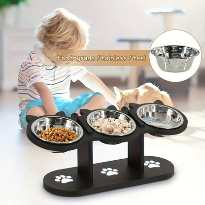 Cat Bowl Set & Elevated Cat Feeder,2&3 Bowl Height Adjustable 15° Tilted Stand, Food Grade Detachable Stainless Steel Bowls for Food Water & Treats, Spill-Proof Anti-Slip Base, Neck Strain Relief, Pet Feeding Supplies for Multi-Cat Homes & Small Dogs