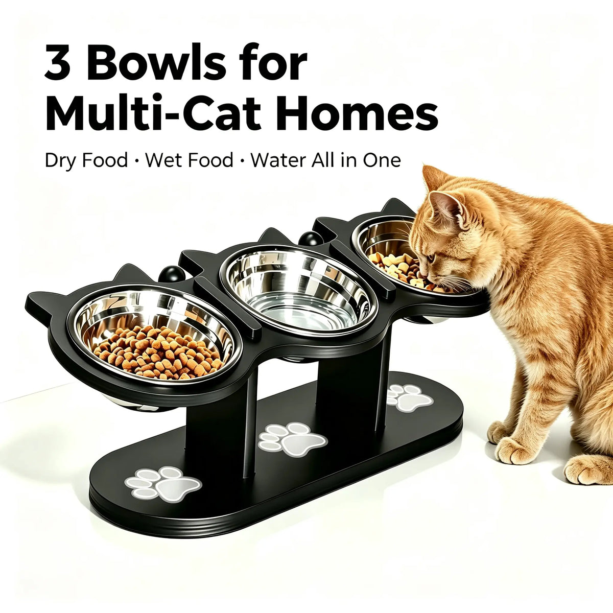 Cat Bowl Set & Elevated Cat Feeder,2&3 Bowl Height Adjustable 15° Tilted Stand, Food Grade Detachable Stainless Steel Bowls for Food Water & Treats, Spill-Proof Anti-Slip Base, Neck Strain Relief, Pet Feeding Supplies for Multi-Cat Homes & Small Dogs