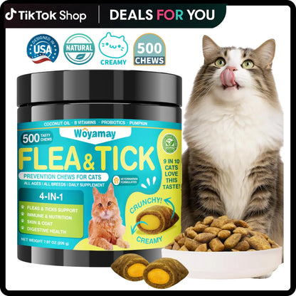 Woyamay Flea & Tick Protection for Cats, 4-IN-1 Cat Chewables Support Immune, Skin & Coat, Digestion & Gut Health with Omega-3, Multivitamin Supplement for All Ages & Breeds-500 Chews #Summervibes #Petlovers